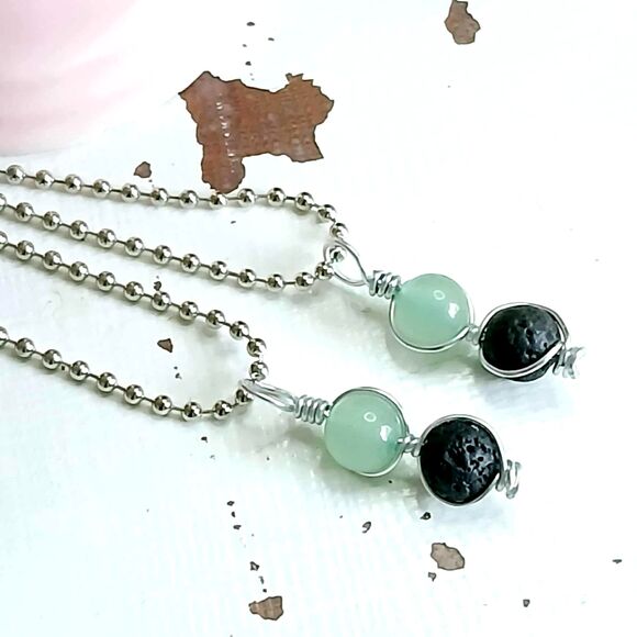 Green Aventurine & Lava Crystal Necklace, Gemstone Jewelry, 16" Ball Chain - Picture 2 of 3